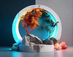 Abstract 3d podium for product presentation with geometric shapes, Empty round podium,Platforms for product presentation show new product background. photo