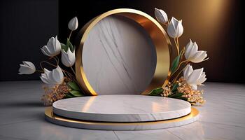 Abstract 3d podium for product presentation with geometric shapes, Empty round podium,Platforms for product presentation show new product background. photo