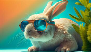 Cool bunny sunglasses looking with colorful summer background. photo