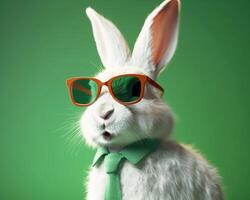 Cool bunny sunglasses looking with colorful summer background. photo
