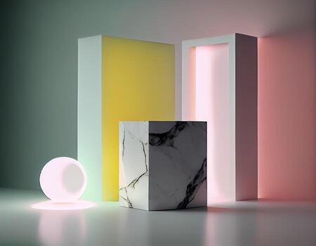 Abstract 3d podium for product presentation with geometric shapes, Empty round podium,Platforms for product presentation with shadows and light background. photo