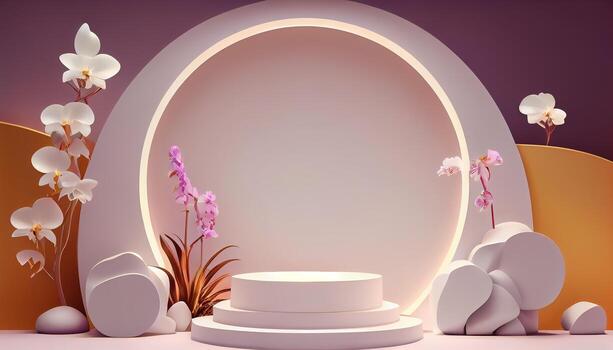 Abstract 3d podium for product presentation with geometric shapes, Empty round podium,Platforms for product presentation show new product background. photo
