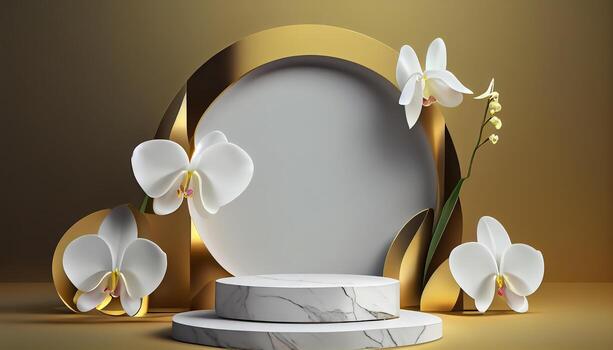 Abstract 3d podium for product presentation with geometric shapes, Empty round podium,Platforms for product presentation show new product background. photo