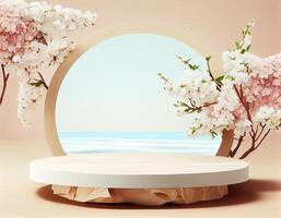 Abstract 3d podium for product presentation with geometric shapes, Empty round podium,Platforms for product presentation show new product background. photo