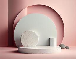 Abstract 3d podium for product presentation with geometric shapes, Empty round podium,Platforms for product presentation with shadows and light background.Generative Ai photo