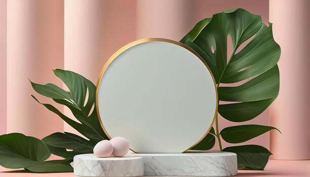 Abstract 3d podium for product presentation with geometric shapes, Empty round podium,Platforms for product presentation show new product background. photo