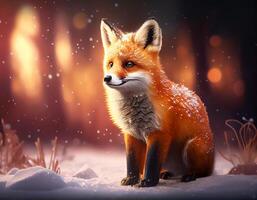Cute little fox in the forest,Cartoon fox animation fantasy style,Baby fox standing winter season background. photo