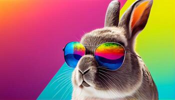 Cool bunny sunglasses looking with colorful summer background. photo