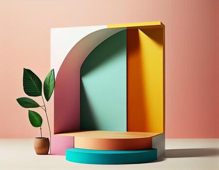 Abstract 3d podium for product presentation with geometric shapes, Empty round podium,Platforms for product presentation show new product background. photo