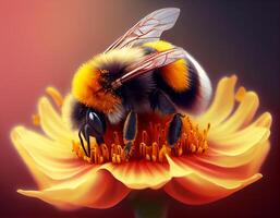 Marco bee pollinating and covered in beautiful flower pollen. photo