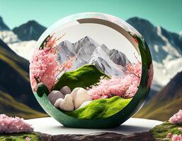 Abstract 3d podium for product presentation with geometric shapes, Empty round podium,Platforms for product presentation show new product background. photo