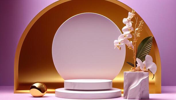 Abstract 3d podium for product presentation with geometric shapes, Empty round podium,Platforms for product presentation show new product background. photo
