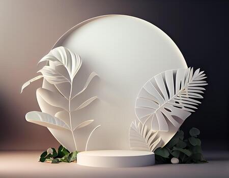 Abstract 3d podium for product presentation with geometric shapes, Empty round podium,Platforms for product presentation with shadows and light background. photo