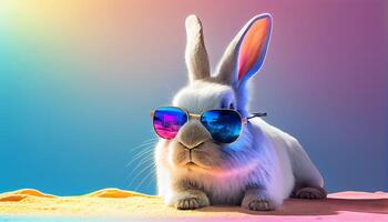 Cool bunny sunglasses looking with colorful summer background. photo
