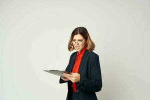 Business woman in suit documents work professional office photo