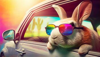 Cool bunny sunglasses looking with colorful summer background. photo