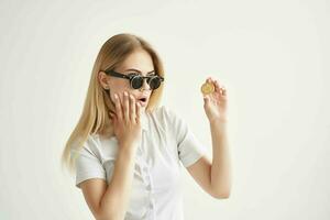 cheerful woman in a white shirt with a folder in hand technologies photo