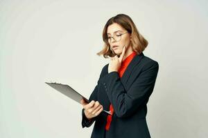 Business woman in suit documents work professional office photo