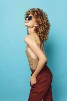 Emotional woman smile look up curly hair decoration fashion style photo