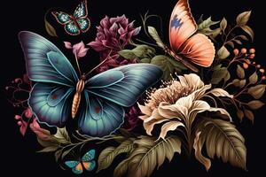 Watercolor colorful Butterfly Flowers Background, . photo