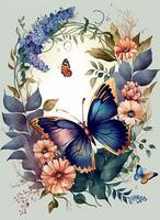 Watercolor colorful Butterfly Flowers Background, . photo