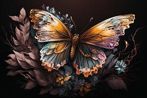 Watercolor colorful Butterfly Flowers Background, . photo