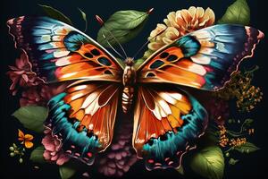 Watercolor colorful Butterfly Flowers Background, . photo