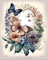 Watercolor colorful Butterfly Flowers Background, . photo
