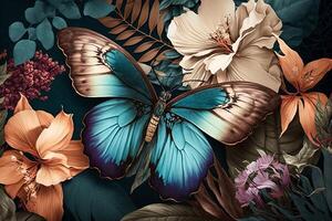 Watercolor colorful Butterfly Flowers Background, . photo