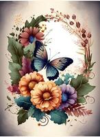 Watercolor colorful Butterfly Flowers Background, . photo