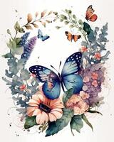 Watercolor colorful Butterfly Flowers Background, . photo