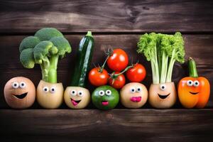 Different happy vegetables with eyes on a wooden background created with technology. photo