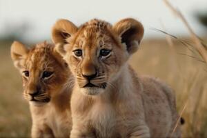 Two cute lion cubs playing in the flat grass of the savannah created with technology. photo