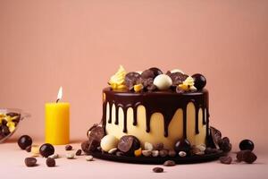 Birthday cake with pouring chocolate on a yellow background created with technology. photo