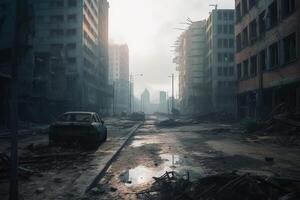 Post apocalyptic and destroyed buildings in a big city created with technology. photo