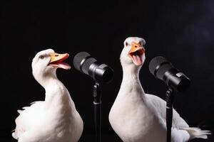 Two white goose singing a song created with technology. photo