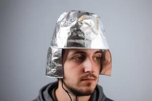 A person wears a small handmade hat made of aluminium foil on a light background to protect himself from radiation and conspiracy theory created with technology. photo