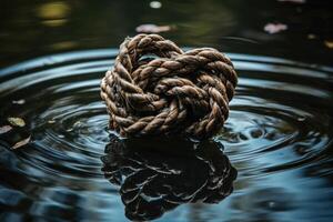 A big rope knot in the water with reflections created with technology. photo