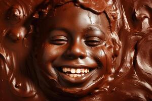 un contento niños cara hecho de chocolate creado con generativo ai tecnología. foto