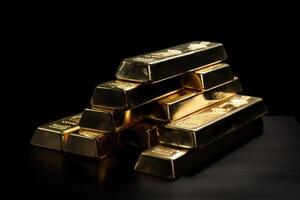 A stack of gold bars on a dark tabletop created with technology. photo