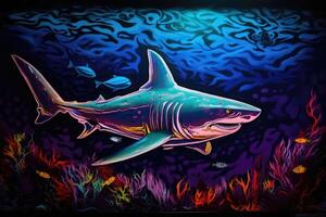 luz negra pintura de un tiburón en el Oceano creado con generativo ai tecnología. foto