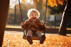 A cheerful and happy smiling child on a swing created with technology. photo