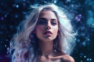 Ethereal and mesmerizing woman portrait in a galaxy environment created with technology. photo