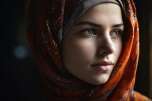 Close up view of a young woman with a headscarf created with technology. photo