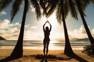 A young woman does yoga in the sun at a tropical beach created with technology. photo