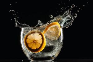 A lemon slice splashing into a cold cocktail created with technology. photo