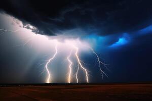 A stormy sky with lightning strikes from the clouds to the ground created with technology. photo