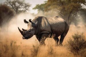 A rhino in the african savannah created with technology. photo