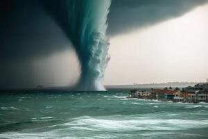 A tornado made of water over the ocean created with technology. photo