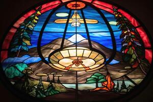 A stained glass scene of a UFO landing created with technology. photo